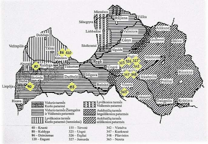 [1 paveikslas. Latvių kalbos tarmės ir konkrečios straipsnyje minimos šnektos
Paveikslas yra Latvijos žemėlapis, kuriame skirtingų krypčių ir tankumo juodomis linijomis pavaizduotos latvių kalbos tarmės ir patarmės. Žemėlapį papildo daugiau nei 30-ies Latvijos miestų pavadinimai ir geltoni kvadratėliai su skaičiais.
Žemėlapio legendoje išvardytos visos nupieštos latvių kalbos tarmės ir patarmės:
•	Vidurio tarmės Kuršo patarmė
•	Vidurio tarmės Žiemgalos ir Vidžemės patarmės
•	Lyviškosios tarmės Kuršo patarmė
•	Lyviškosios tarmės Vidžemės patarmė
•	Aukštaičių tarmės latgališkosios patarmės
•	Aukštaičių tarmės sėliškosios patarmės
Po žemėlapio legenda pridėti geltonuose kvadratėliuose įrašytų skaičių paaiškinimai – latvių kalbos šnektų numeriai su pavadinimais:
40 – Kruotė			155 – Tėrvetė			342 – Vietalva 
80 – Kuldyga			325 – Uogrė			347 – Kuoknesė
86 – Dzirciemas		326 – Ėrgliai			348 – Pliavinios
120 – Engurė			327 – Jumurda			365 – Nereta]
