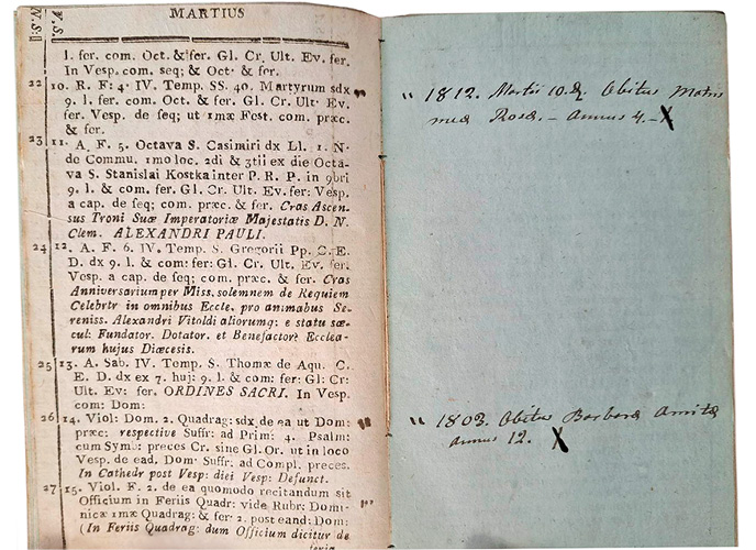 An open old book showing printed Latin text on the left page and handwritten notes with dates on the right page.

Description generated by AI