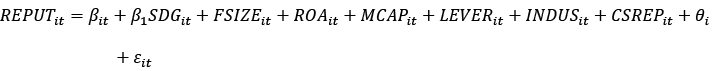 A mathematical regression equation showing REPUT as a function of variables including SDG, FSIZE, ROA, MCAP, LEVER, INDUS, CSREP, with coefficients and error terms.
Description generated by AI