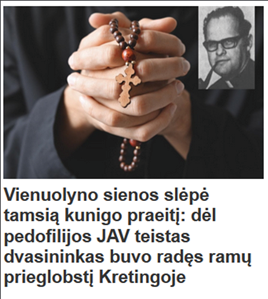 A close-up of hands in a priest’s cassock clasped in prayer, holding a wooden rosary. In the upper-right corner of the image there is a small black and white portrait of a fair-skinned man. The man is wearing glasses and smoking a pipe.