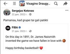 На фото 5 представлен билингвальный фрагментарный текст комбинации поста и репоста на английском и литовском языках в группе школы «Draugystės». Основная информация (о баскетболе) дана на английском языке, текст на литовском языке дает дополняющую информацию.