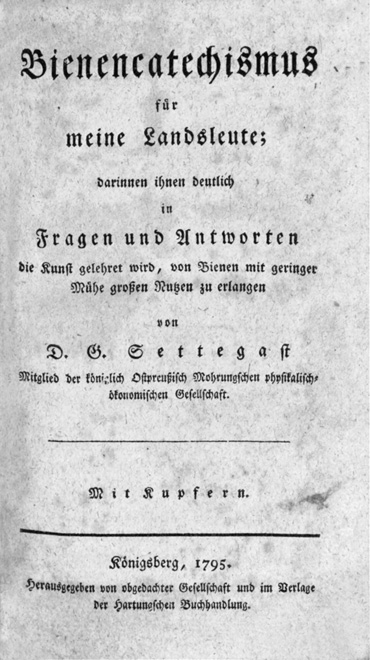 A historical book title page in German from 1795 with ornate blackletter and serif fonts describing a catechism about bees by D.G. Settegast published in Königsberg.
Description generated by AI
