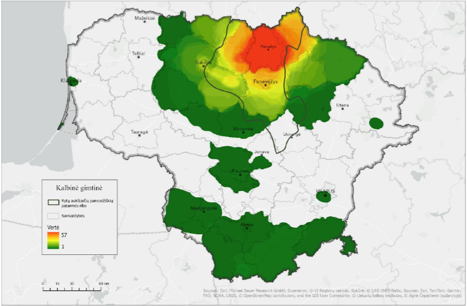Lietuvos žemėlapyje skirtingomis spalvomis pavaizduoti apibendrinti šiauriau esančių penkių gimnazijų moksleivių atsakymų į žemėlapio užduoties klausimą, kur kalbama ta pačia ar panašia kalba, kaip ir jų gyvenamojoje vietovėje, geoerdvinės analizės rezultatai ir rytų aukštaičių panevėžiškių patarmės riba. Raudona spalva rodo dažniausiai (iki 57 kartų) respondentų žymėtą teritoriją – Pasvalio r. sav., Pakruojo r. sav. apylinkes; oranžinė spalva rodo panašiai dažnai žymėtą arealą – Biržų r. sav., Žagarės, Lygumų, Panevėžio m. sav. apylinkes; geltona spalva rodo rečiau žymėtą plotą – Šeduvos, Miežiškių apylinkes; žalia spalva rodo rečiausiai žymėtą teritoriją – Kauno m. ir r. sav., Klaipėdos m. sav., Ignalinos r. sav., Vilniaus m. sav. apylinkes ir pietų Lietuvą. Taip pat žemėlapyje pateikti didesniųjų Lietuvos miestų pavadinimai ir Lietuvos savivaldybių ribos