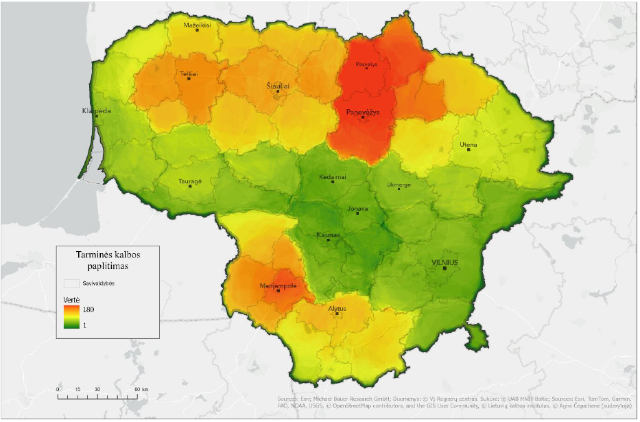 Lietuvos žemėlapyje skirtingomis spalvomis pavaizduoti apibendrinti tyrimui pasirinktų septynių gimnazijų moksleivių atsakymų į žemėlapio užduoties klausimą, kur kalbama tarmiškai, geoerdvinės analizės rezultatai. Raudona spalva rodo dažniausiai (iki 180 kartų) respondentų žymėtą tarminės kalbos paplitimo teritoriją – Pasvalio r. sav., Panevėžio m. ir r. sav., Biržų r. sav. apylinkes; šviesesnė rausva rodo panašiai dažnai žymėtus plotus – Kupiškio r. sav. ir Marijampolės r. sav. apylinkes; oranžinė spalva rodo dažnai žymėtą arealą – Šiaulių ir Telšių apskričių, Šakių r. sav., Vilkaviškio r. sav., Kalvarijos r. sav., Alytaus r. sav., Varėnos r. sav., dalies Lazdijų r. sav., Rokiškio r. sav. apylinkes; geltona spalva rodo rečiau žymėtą teritoriją – Anykščių r. sav., Skuodo r. sav., Kretingos r. sav., dalies Lazdijų r. sav., Druskininkų r. sav. apylinkes; žalia spalva rodo rečiausiai žymėtą (su tarme nesietą) teritoriją – tai likęs Lietuvos plotas. Taip pat žemėlapyje pateikti didesniųjų Lietuvos miestų pavadinimai ir Lietuvos savivaldybių ribos
